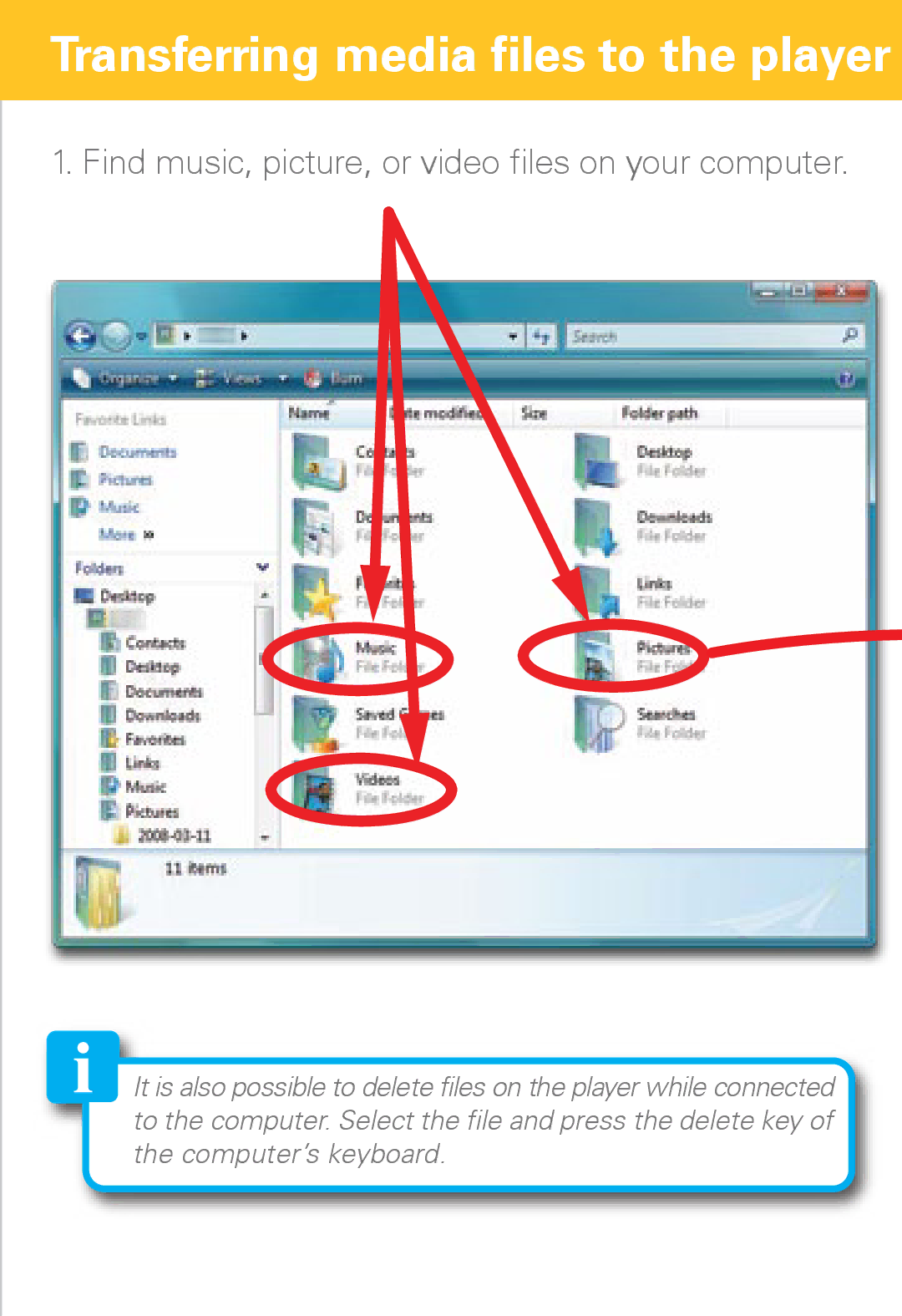 Polaroid PMP430-4 user manual Transferring media files to the player 