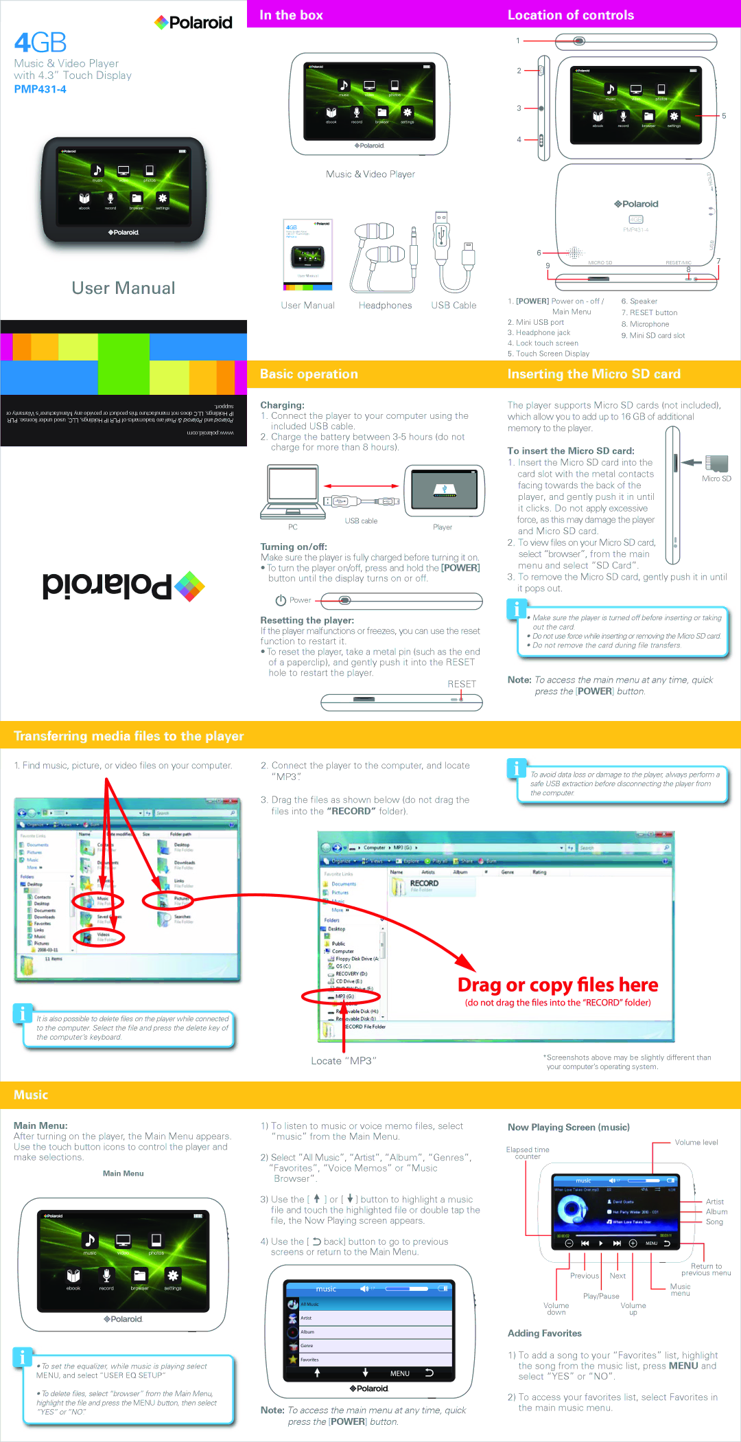 Polaroid PMP431-4 user manual Box, Location of controls, Basic operation, Inserting the Micro SD card, Music 