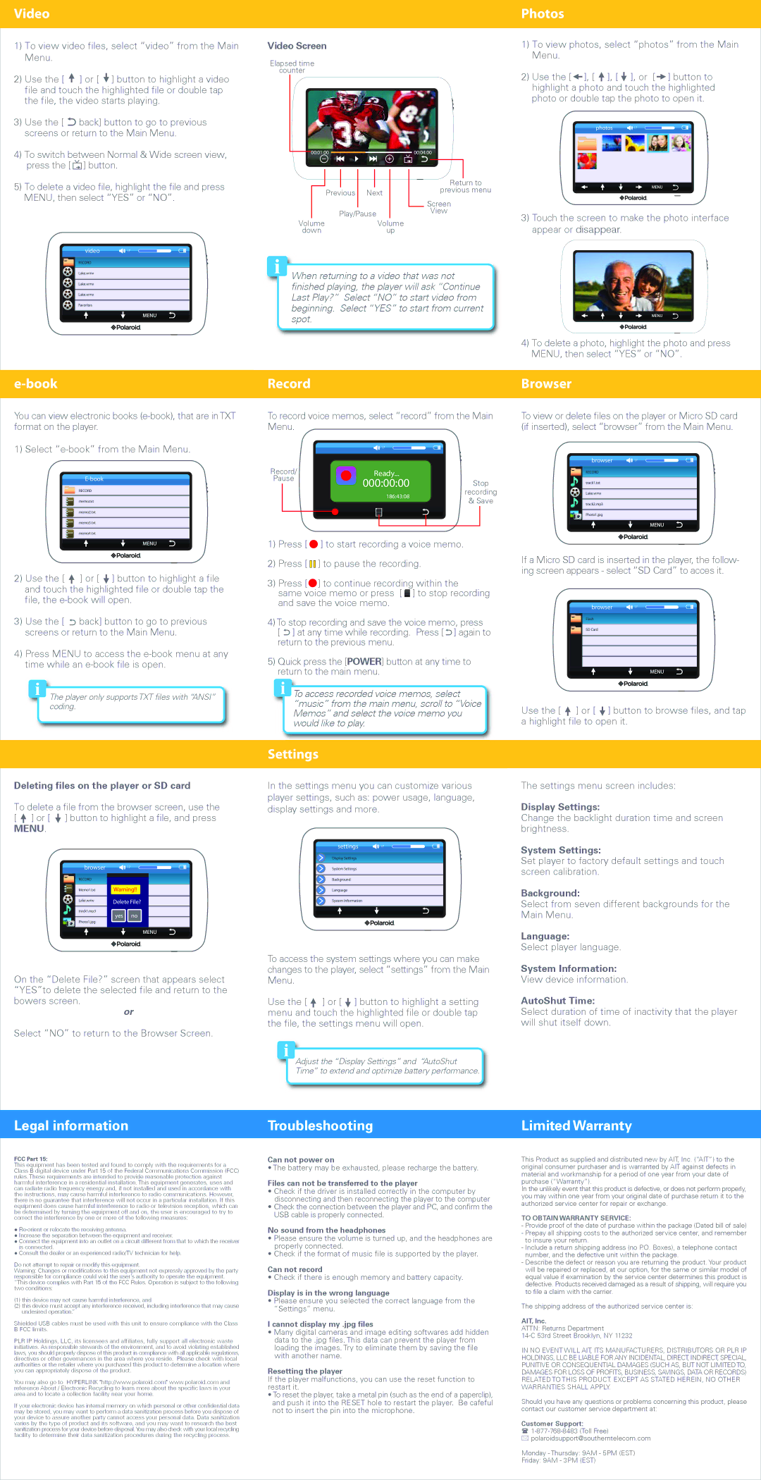 Polaroid PMP431-4 Video, Book, Legal information, Record, Settings, Troubleshooting, Photos, Browser, Limited Warranty 