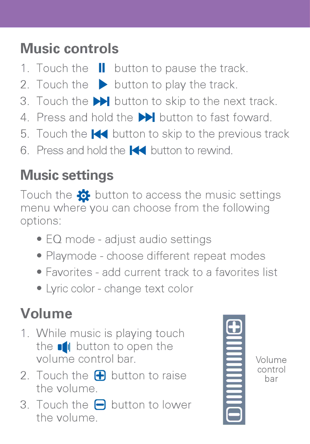 Polaroid PMP500-4 user manual Music controls, Music settings, Volume 