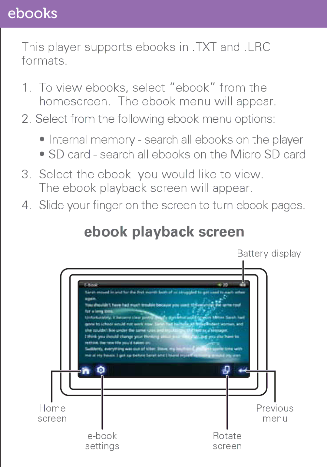 Polaroid PMP500-4 user manual Ebooks, Ebook playback screen 