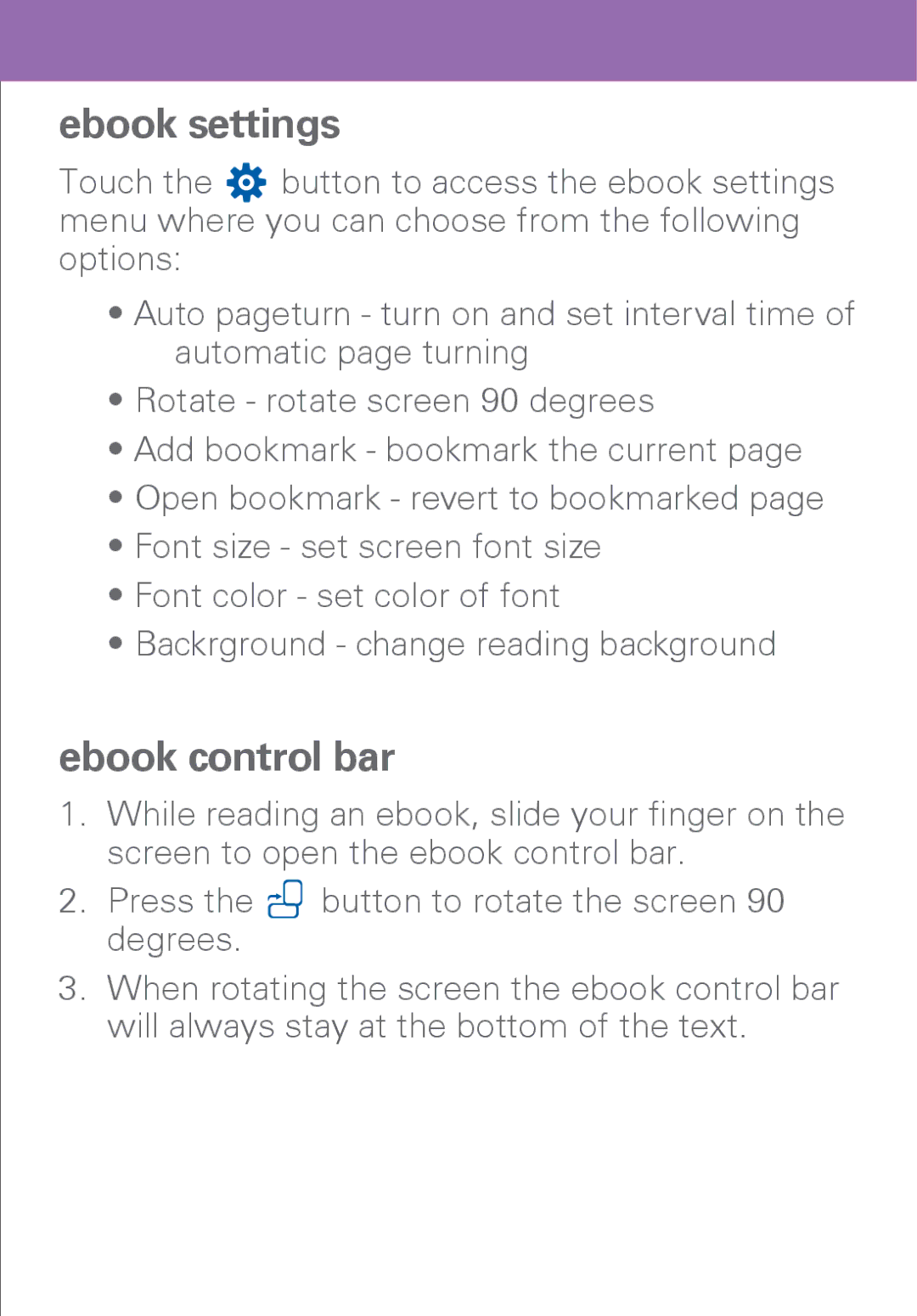 Polaroid PMP500-4 user manual Ebook settings, Ebook control bar 