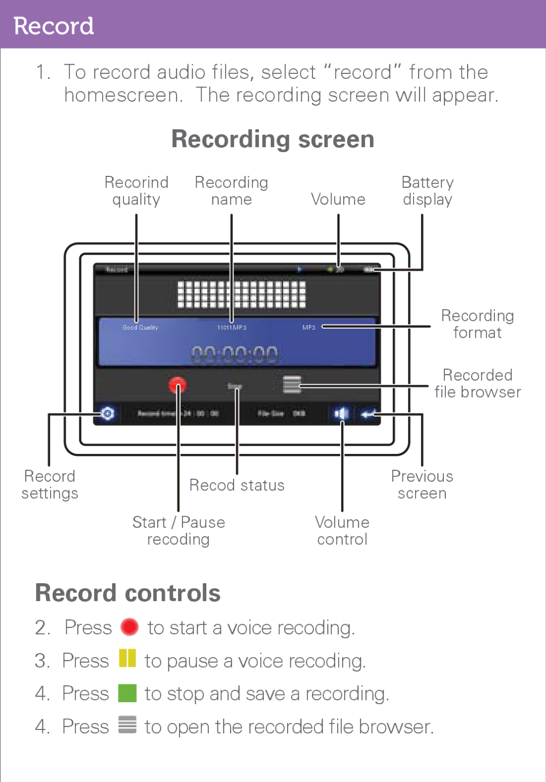 Polaroid PMP500-4 user manual Recording screen, Record controls 