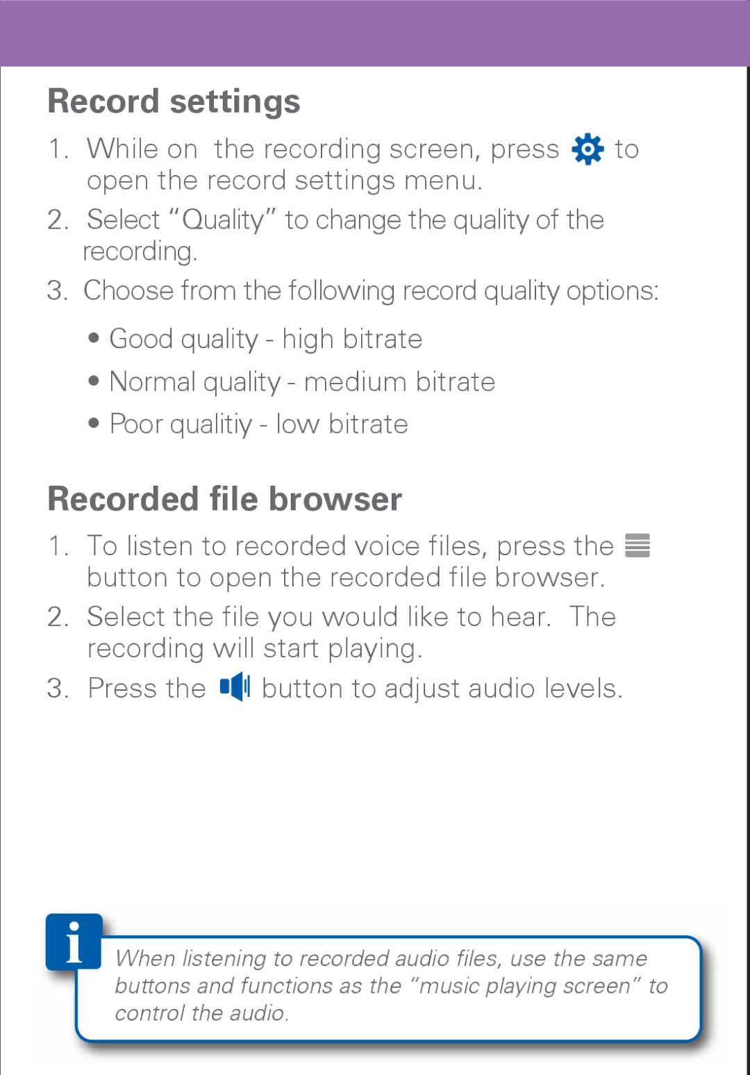 Polaroid PMP500-4 user manual Record settings, Recorded file browser 