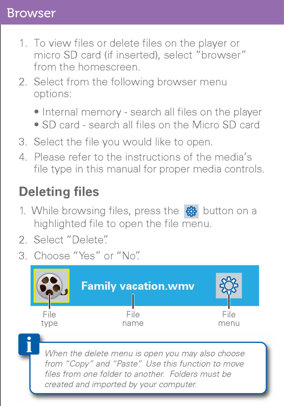 Polaroid PMP500-4 user manual Browser, Deleting files 