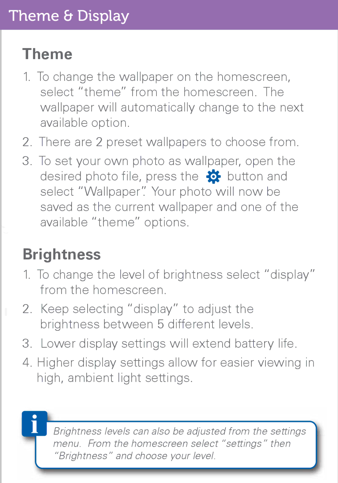 Polaroid PMP500-4 user manual Theme & Display, Brightness 