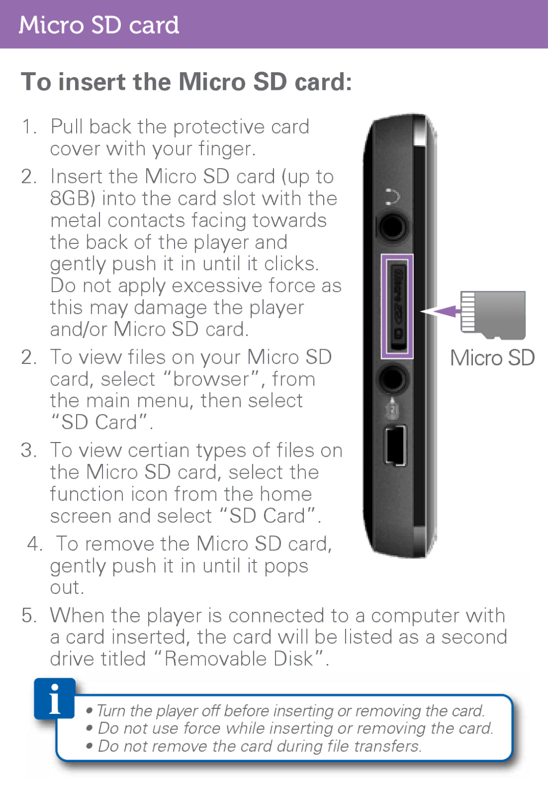 Polaroid PMP500-4 user manual To insert the Micro SD card 