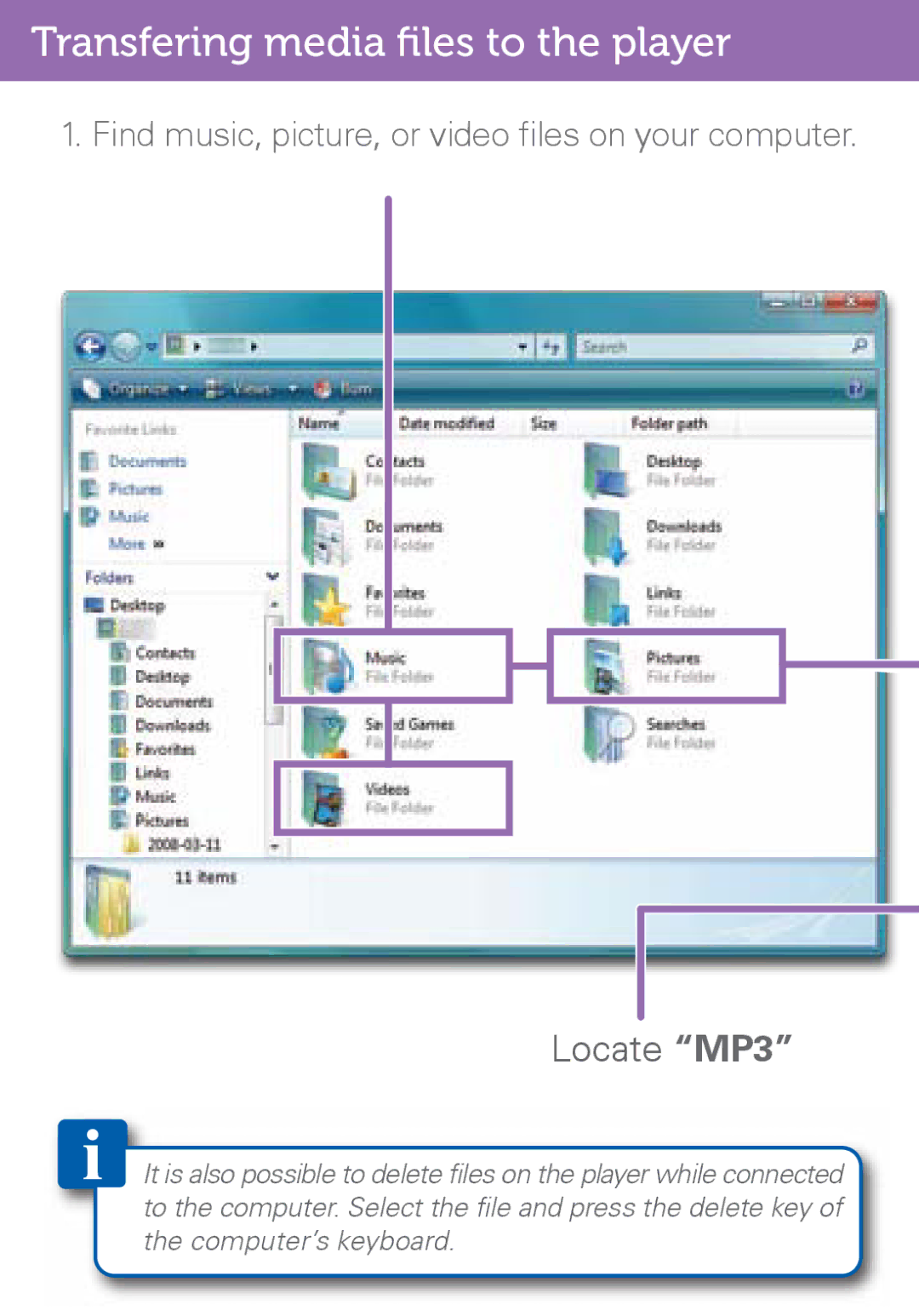 Polaroid PMP500-4 user manual Transfering media ﬁles to the player, Locate MP3 