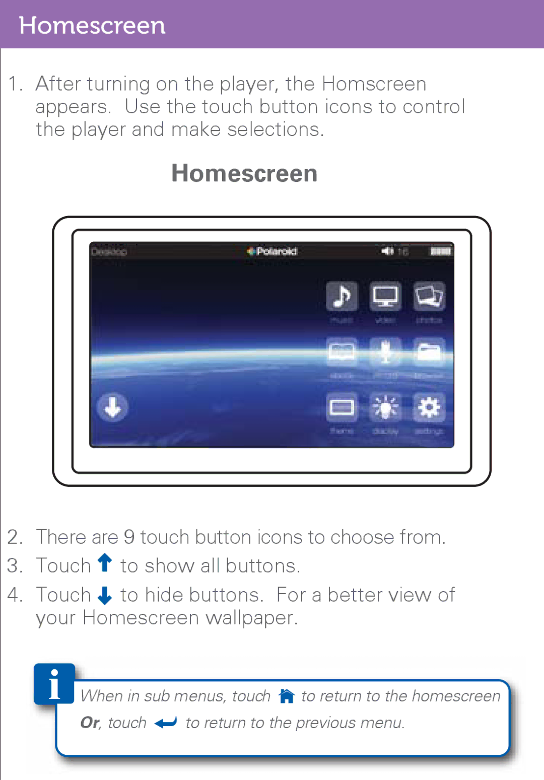 Polaroid PMP500-4 user manual Homescreen 