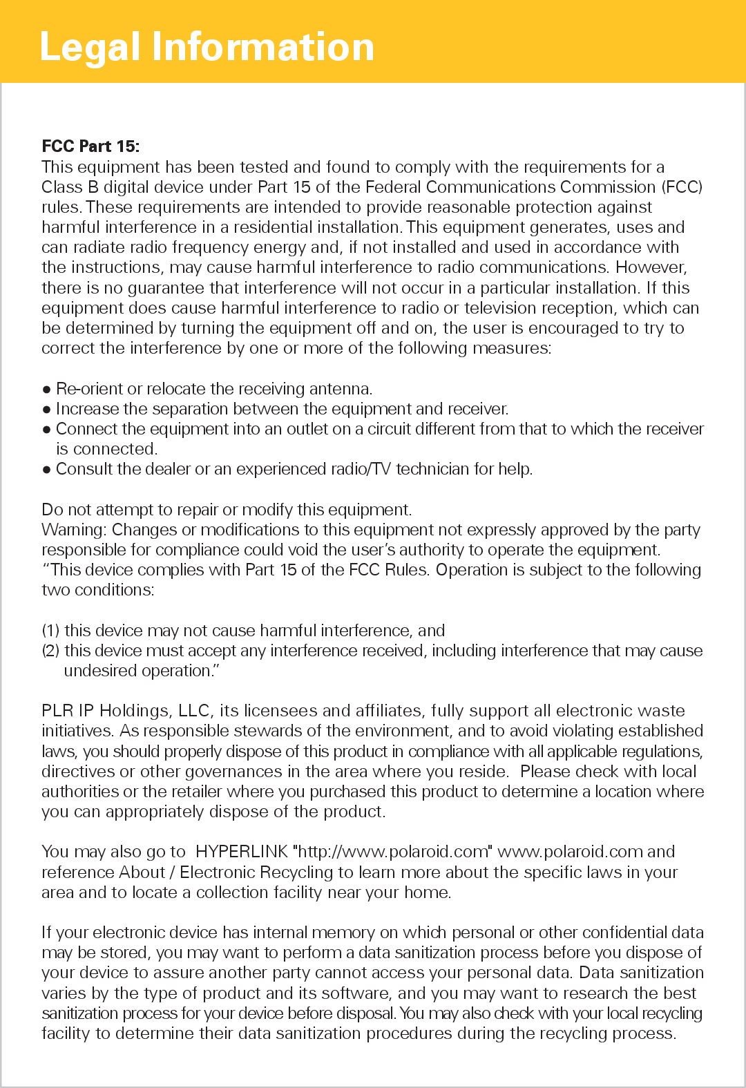 Polaroid PMP90TM user manual Legal Information, FCC Part 