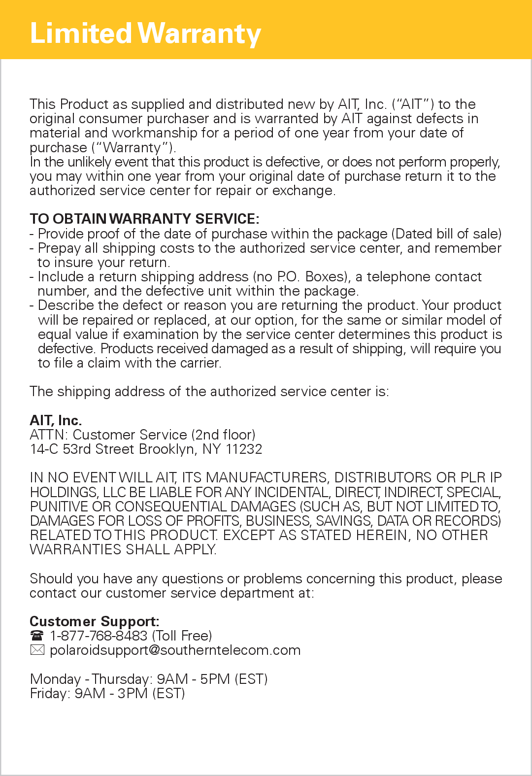 Polaroid PMP90TM user manual Limited Warranty, To Obtain Warranty Service 