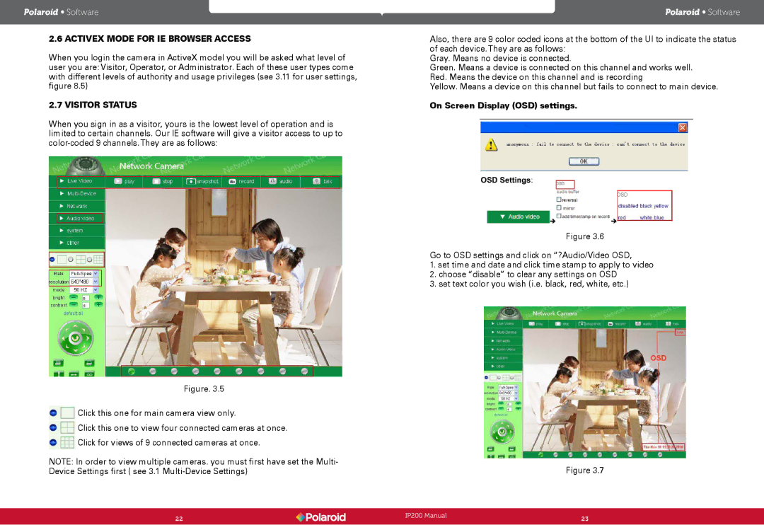 Polaroid IP200 user manual Activex Mode for IE Browser Access, Visitor Status, On Screen Display OSD settings 