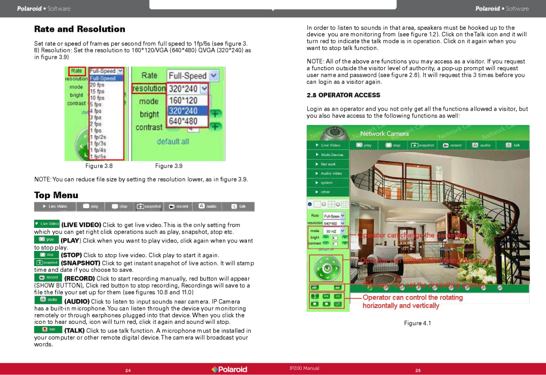 Polaroid Polaroid Wireless Surveillance Camera, IP200 user manual Rate and Resolution, Operator Access 