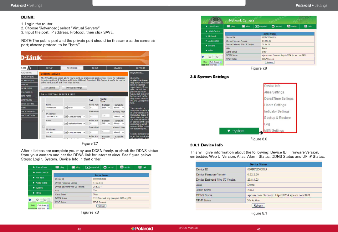 Polaroid IP200, Polaroid Wireless Surveillance Camera user manual Dlink, System Settings Device Info 