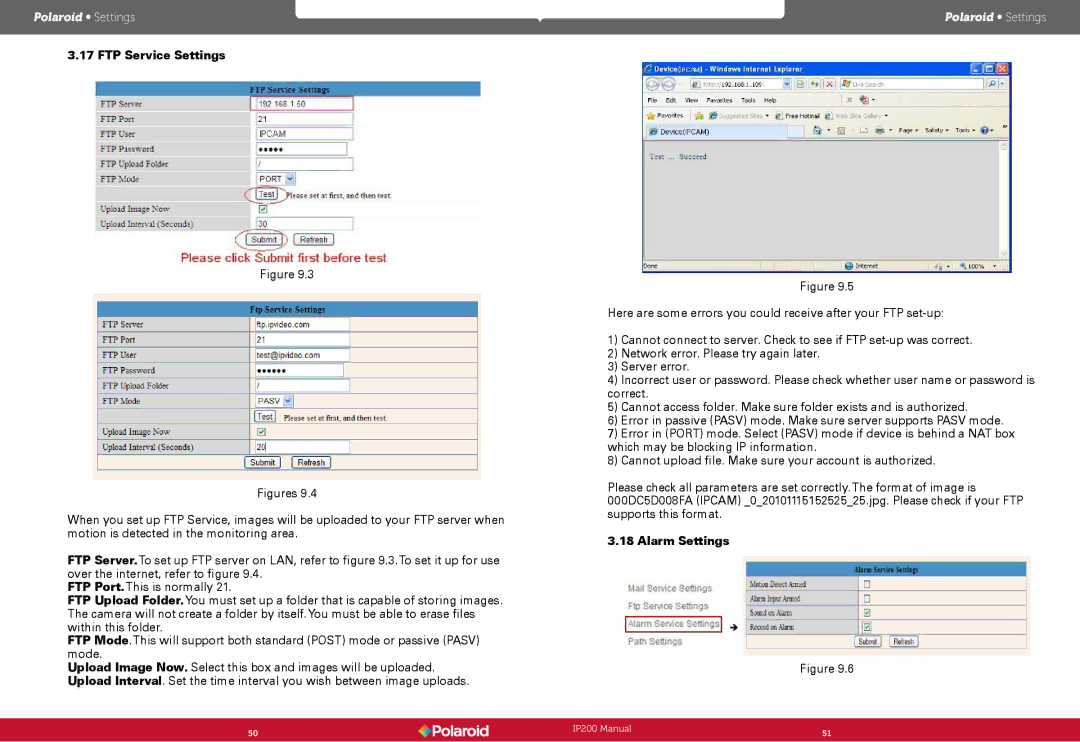 Polaroid IP200, Polaroid Wireless Surveillance Camera user manual FTP Service Settings, Alarm Settings 
