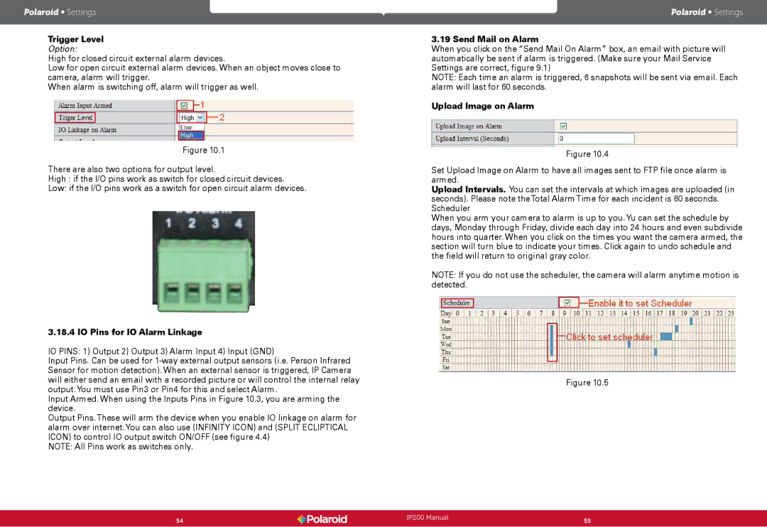 Polaroid IP200 user manual Trigger Level, IO Pins for IO Alarm Linkage, Send Mail on Alarm, Upload Image on Alarm 