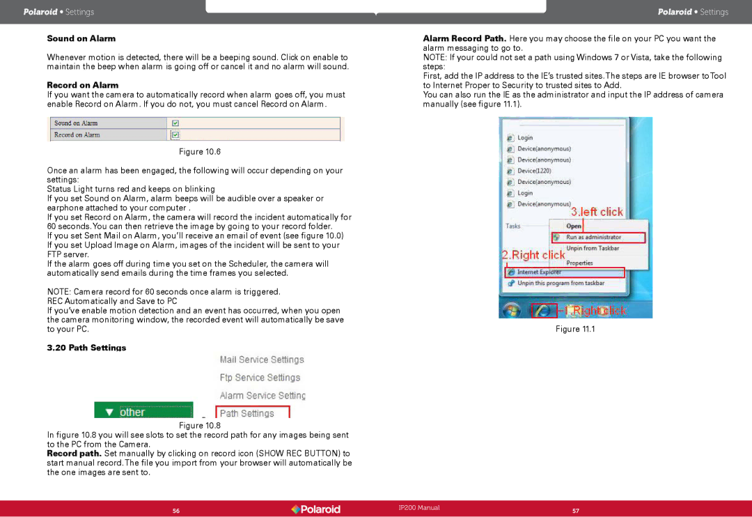 Polaroid Polaroid Wireless Surveillance Camera, IP200 user manual Sound on Alarm, Record on Alarm, Path Settings 