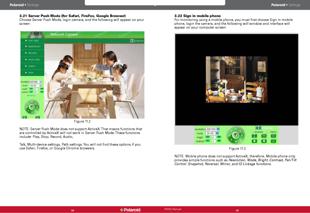 Polaroid IP200 user manual Server Push Mode for Safari, FireFox, Google Browser, Sign in mobile phone 