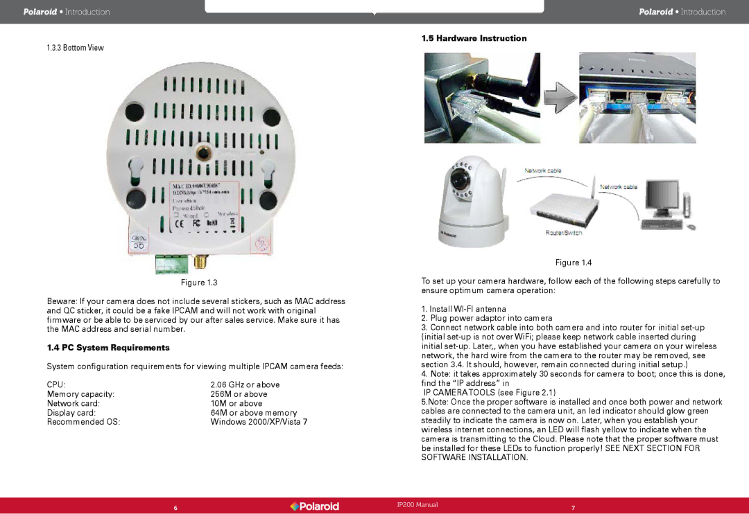 Polaroid IP200, Polaroid Wireless Surveillance Camera user manual PC System Requirements, Hardware Instruction 