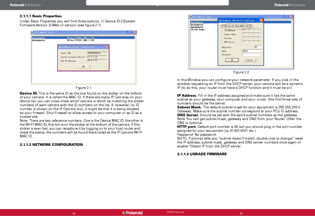 Polaroid Polaroid Wireless Surveillance Camera, IP200 user manual Basic Properties, Network Configuration, Ugrade Firmware 