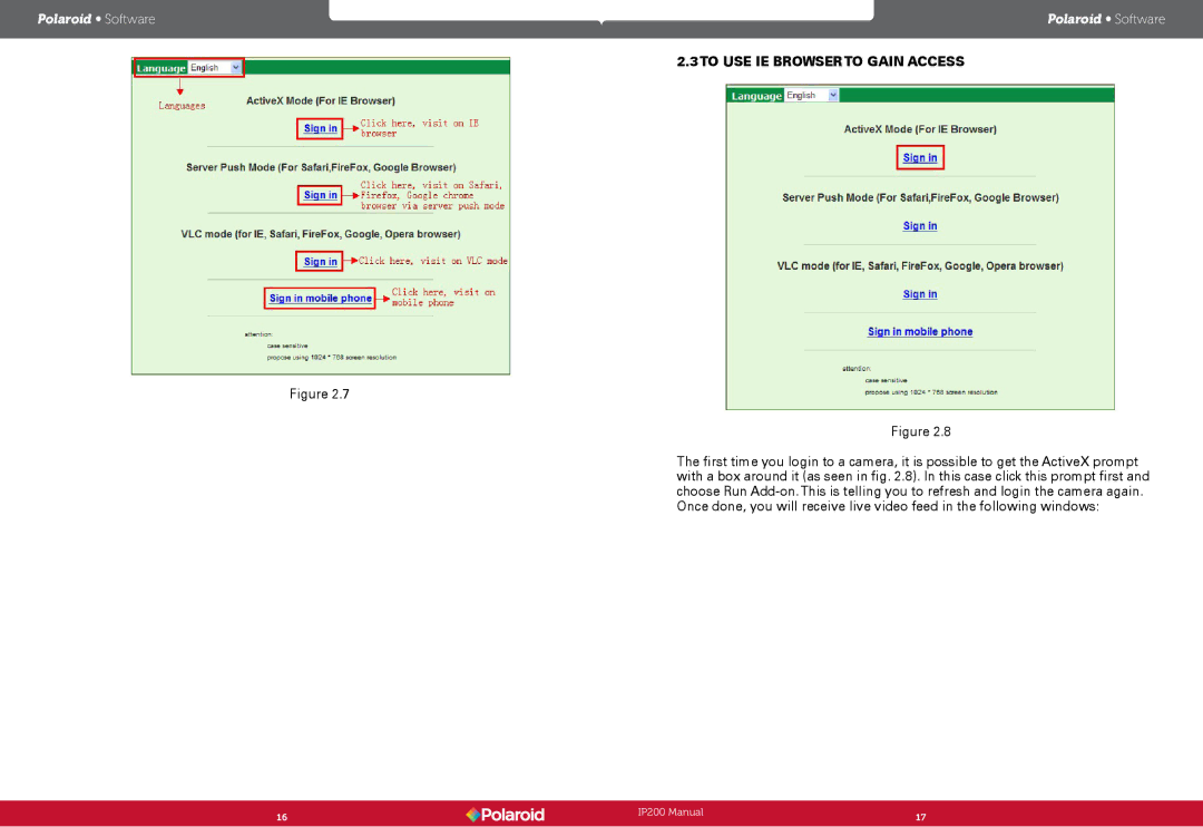 Polaroid Polaroid Wireless Surveillance Camera, IP200 user manual To USE IE Browser to Gain Access 