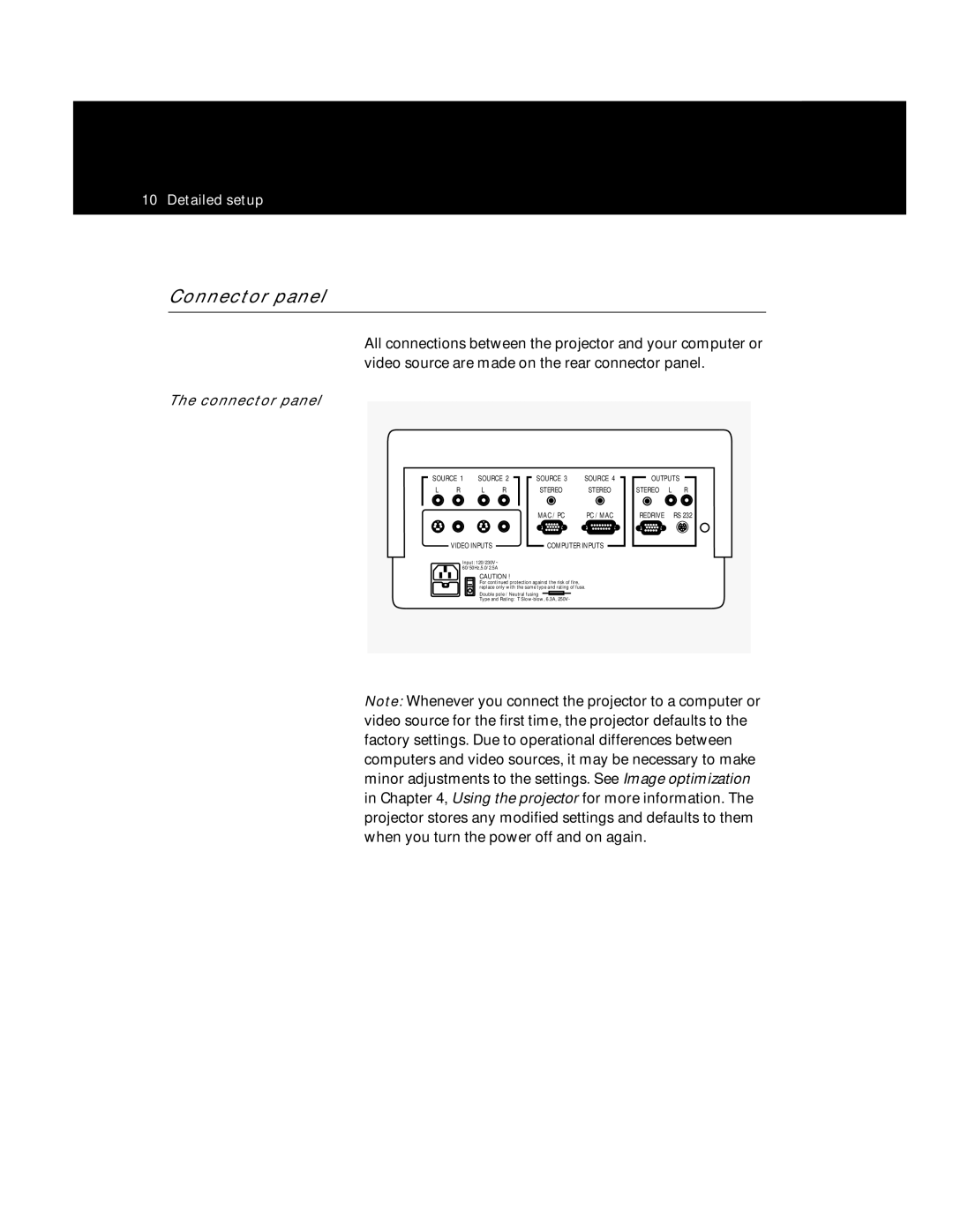 Polaroid Polaview 220 manual Connector panel, Computer Inputs Outputs Stereo L R Redrive RS 