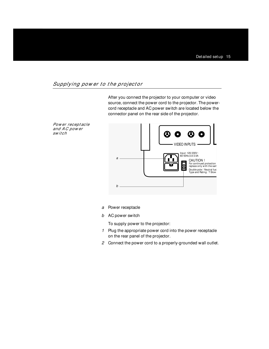 Polaroid Polaview 220 manual Supplying power to the projector, Power receptacle and AC power switch 