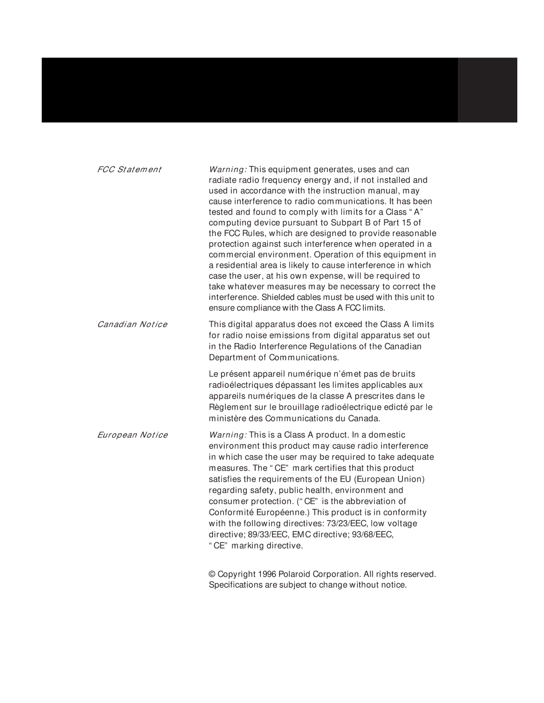 Polaroid Polaview 220 Radiate radio frequency energy and, if not installed, Ensure compliance with the Class a FCC limits 