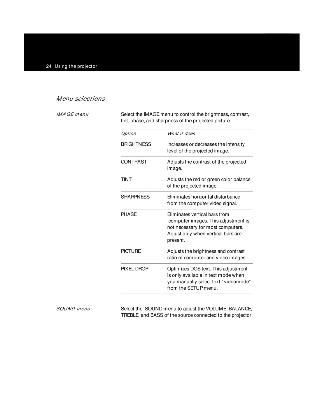 Polaroid Polaview 220 manual Menu selections 