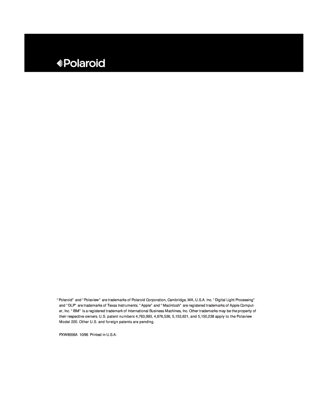 Polaroid Polaview 220 manual PXW8556A 10/96 Printed in U.S.A 