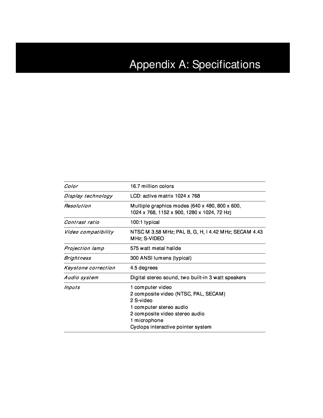 Polaroid Polaview 305 manual Appendix A Specifications 