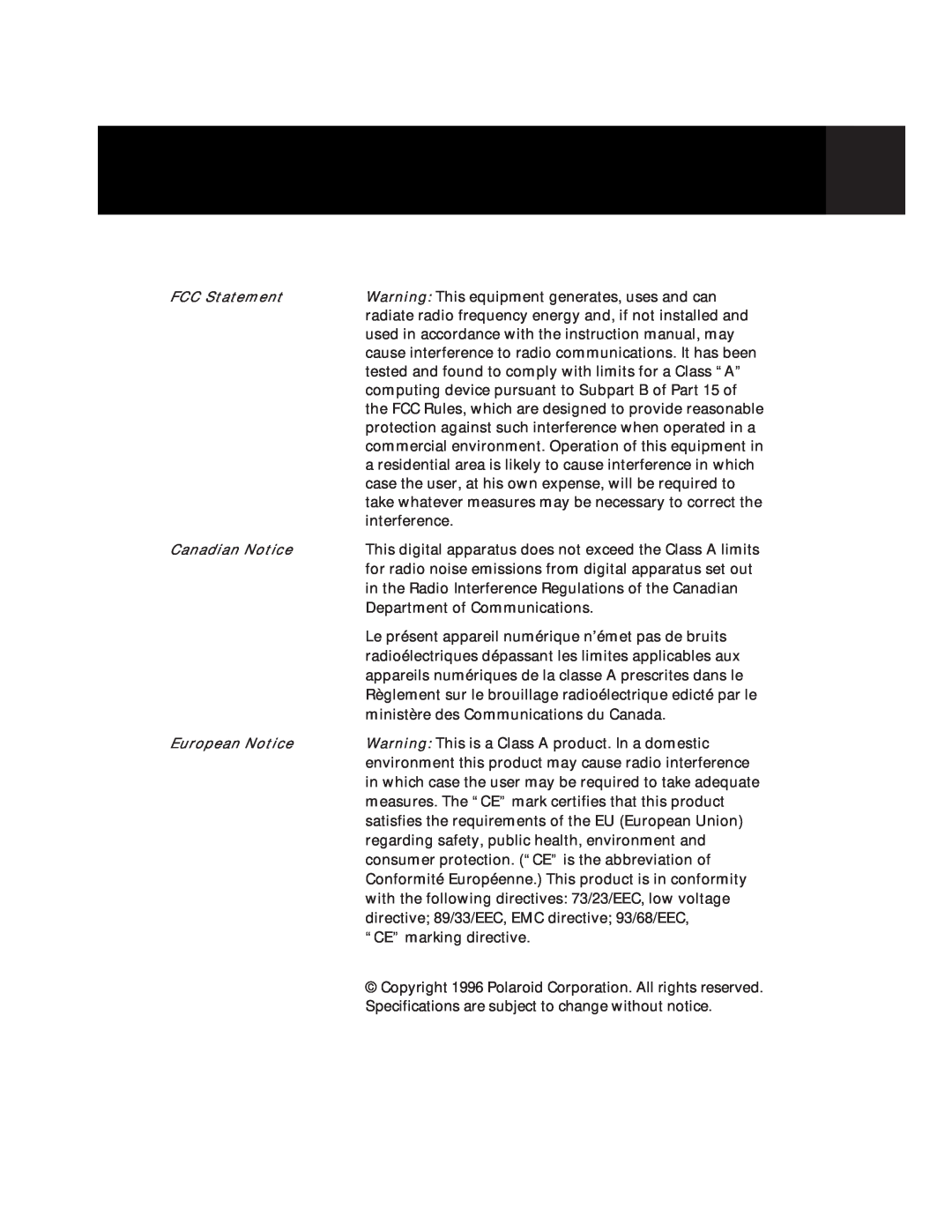 Polaroid Polaview 305 manual Warning This equipment generates, uses and can 