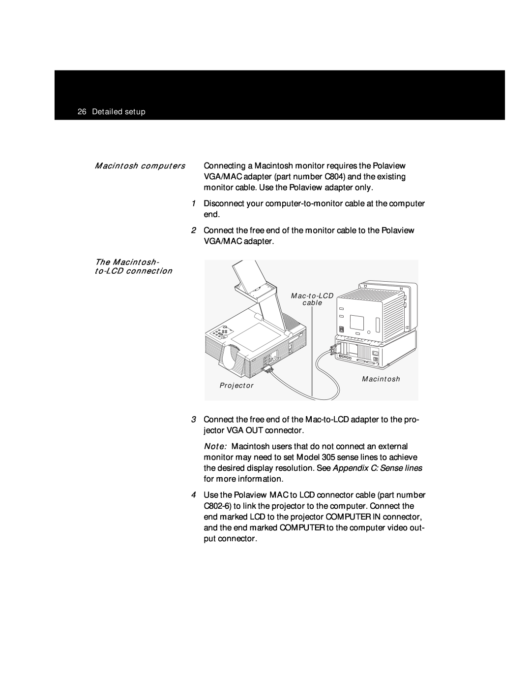 Polaroid Polaview 305 manual Detailed setup, The Macintosh- to-LCD connection 