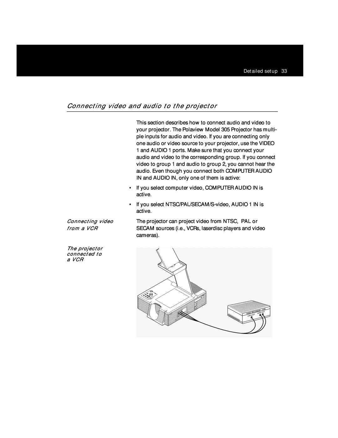 Polaroid Polaview 305 manual Connecting video and audio to the projector 