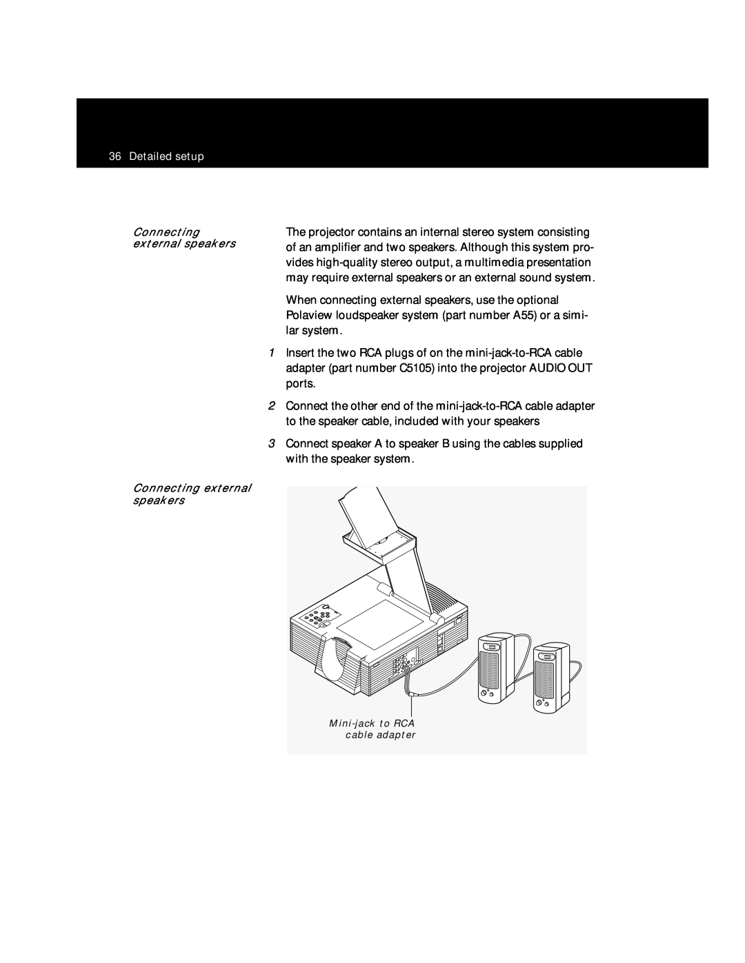 Polaroid Polaview 305 manual Detailed setup, Mini-jack to RCA, cable adapter 