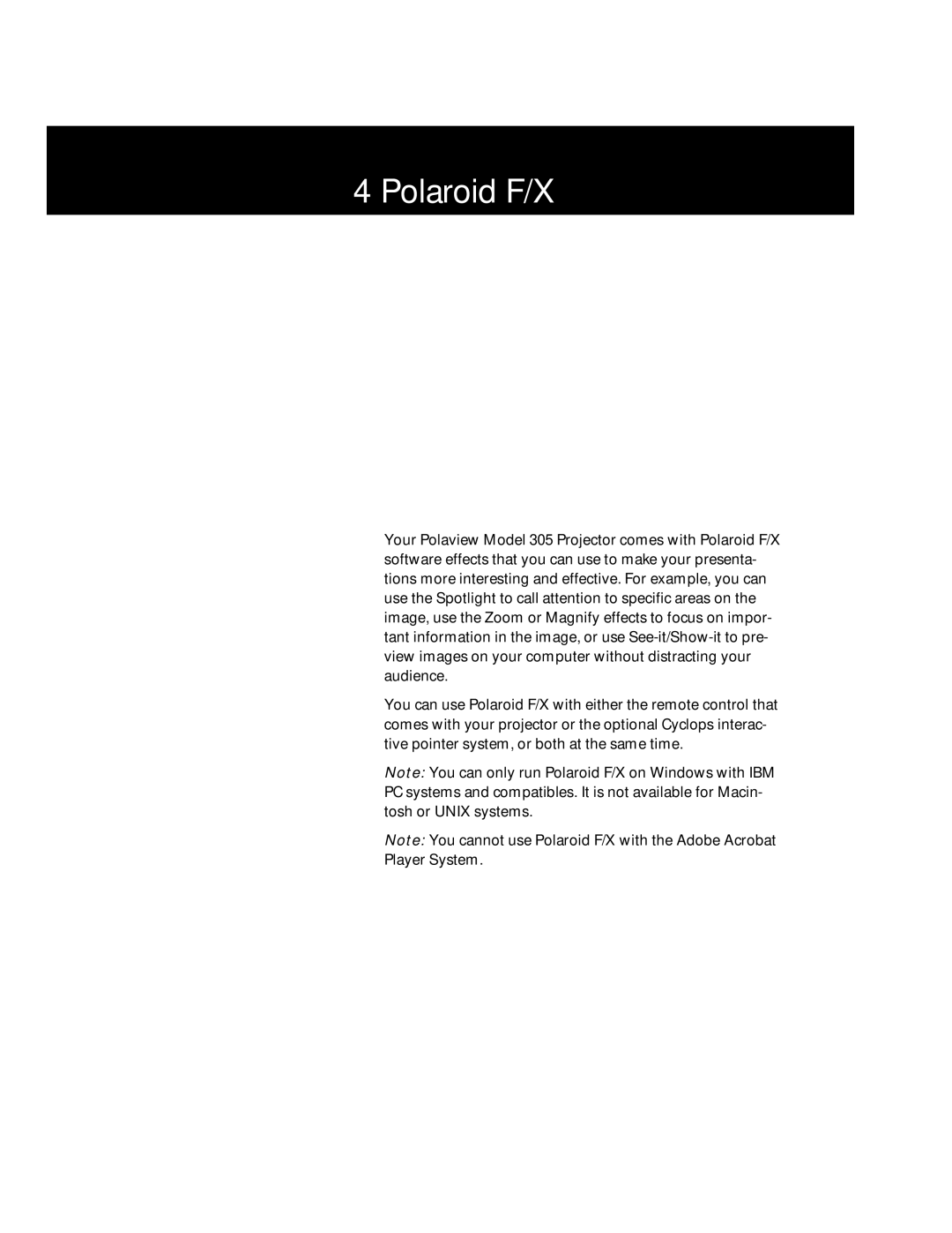 Polaroid Polaview 305 manual Polaroid F/X 