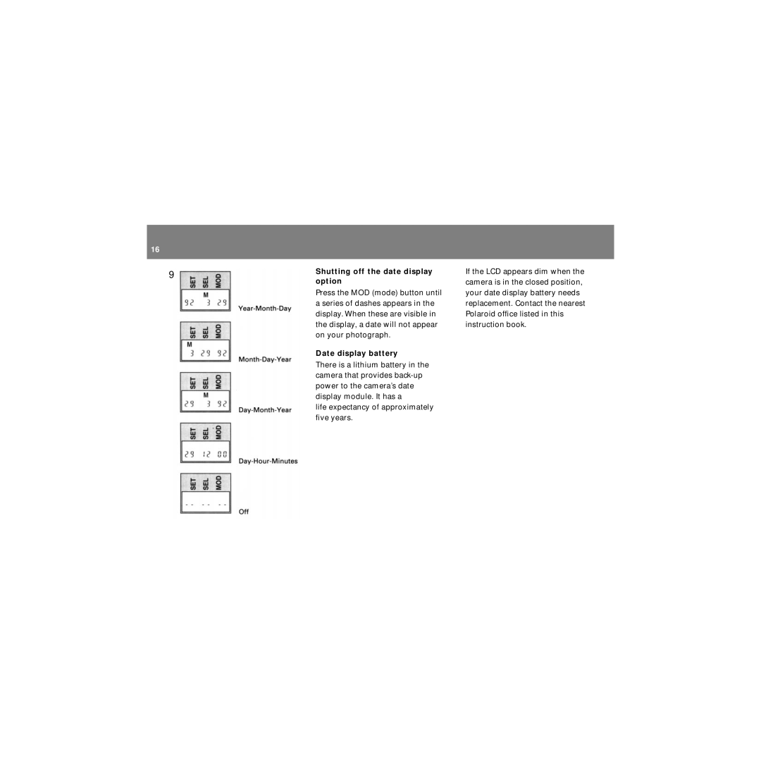 Polaroid ProCamCamera manual Shutting off the date display option, Date display battery 