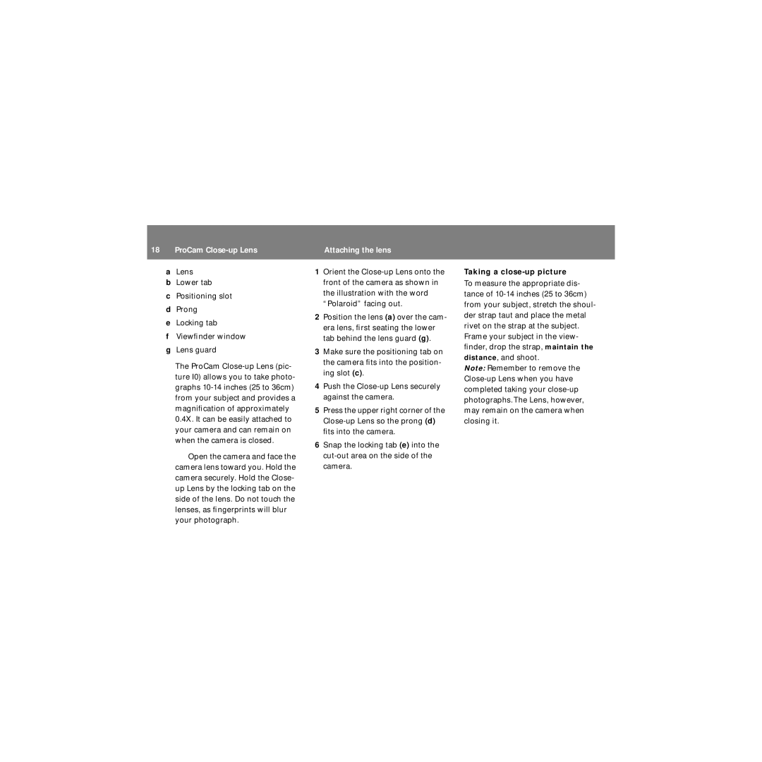 Polaroid ProCamCamera manual ProCam Close-up Lens Attaching the lens, Taking a close-up picture 
