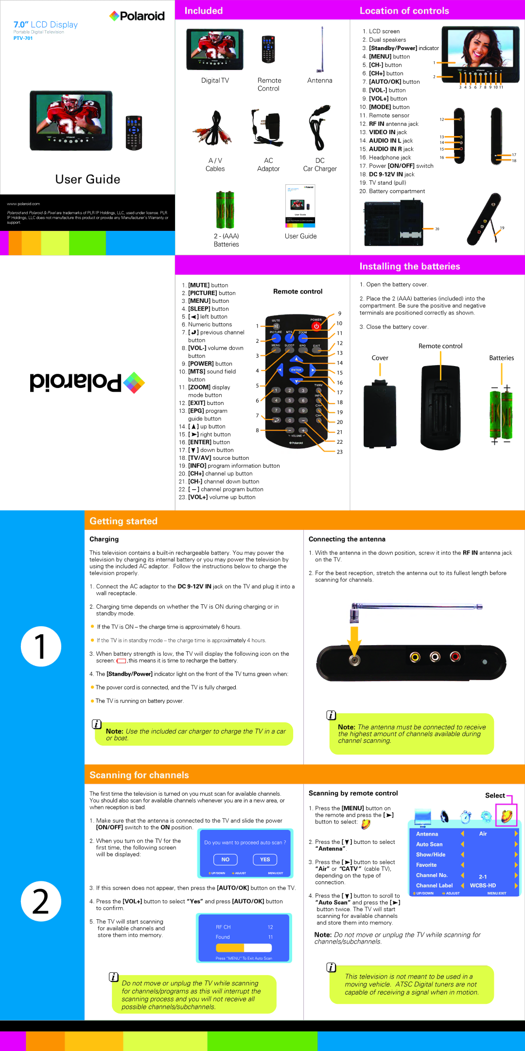 Polaroid PTV-701 warranty Getting started, Scanning for channels 