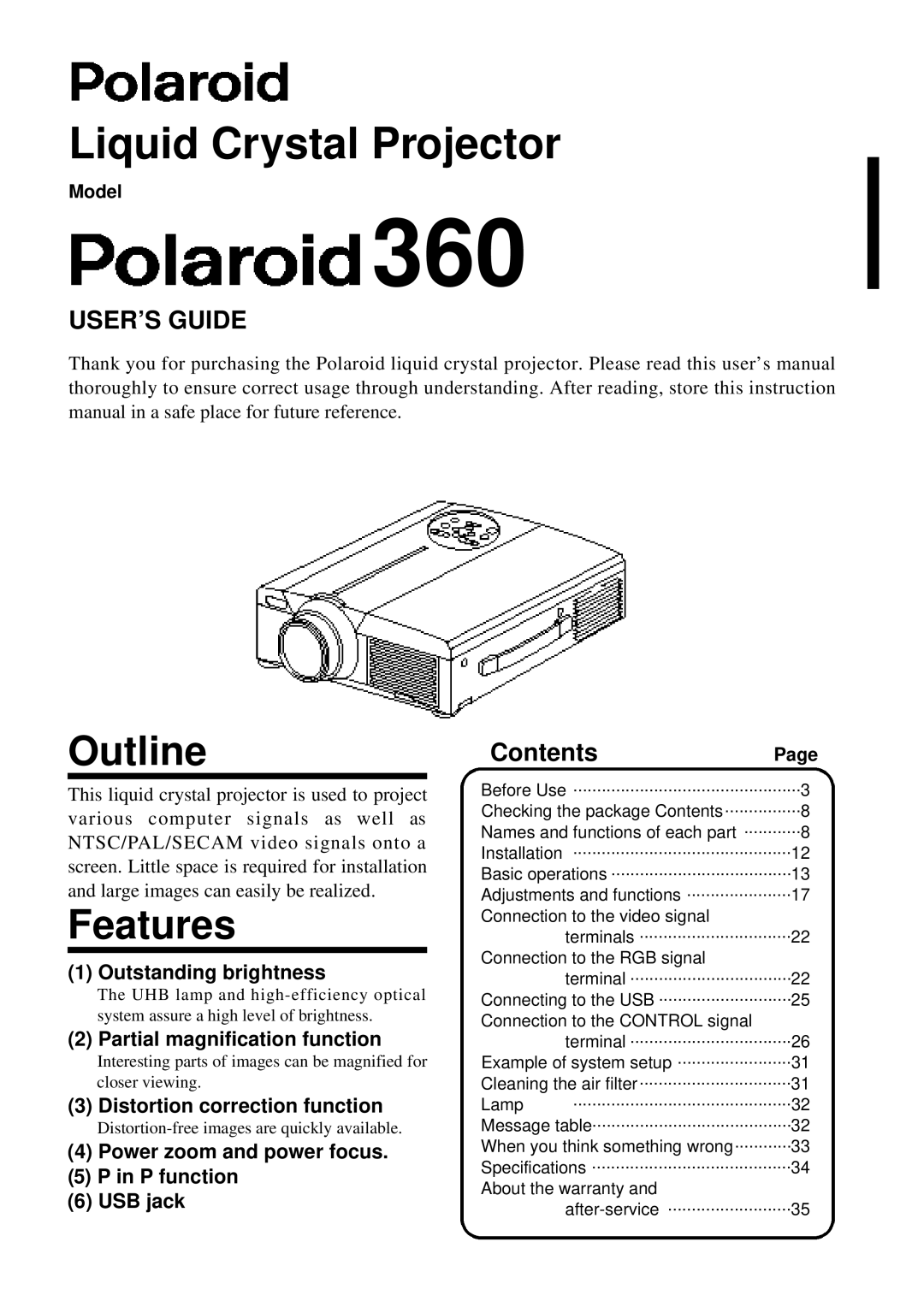 Polaroid PV 360 specifications Outline, Features, Contents 