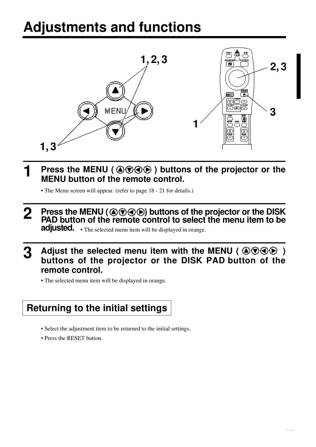 Polaroid PV 360 specifications Adjustments and functions, Returning to the initial settings, Press the Menu 