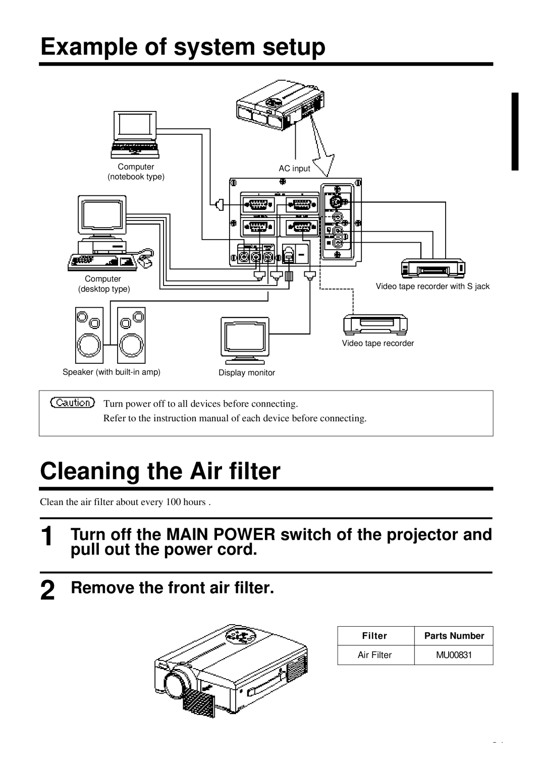 Polaroid PV 360 specifications Example of system setup, Cleaning the Air filter 