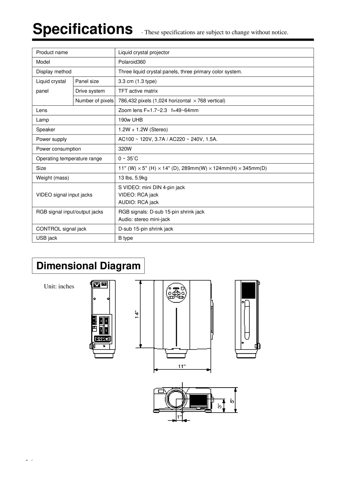 Polaroid PV 360 specifications Dimensional Diagram 