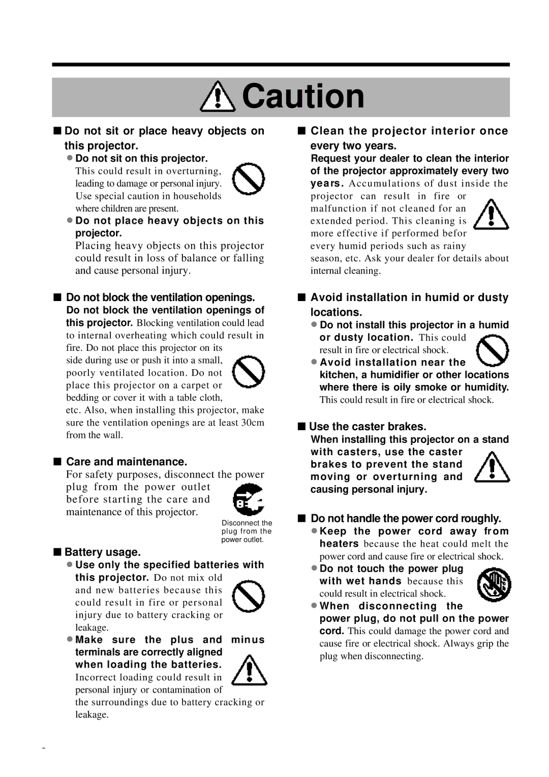 Polaroid PV 360 Do not sit or place heavy objects on this projector, Do not block the ventilation openings, Battery usage 