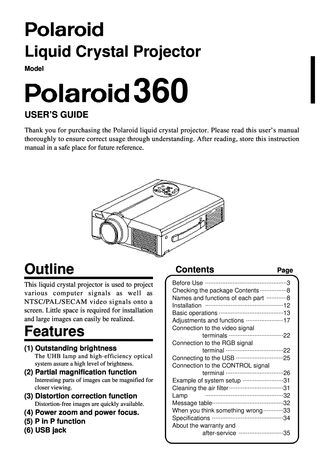 Polaroid PV 360 specifications Outline, Features, Liquid Crystal Projector, Outstanding brightness, Model, Page 