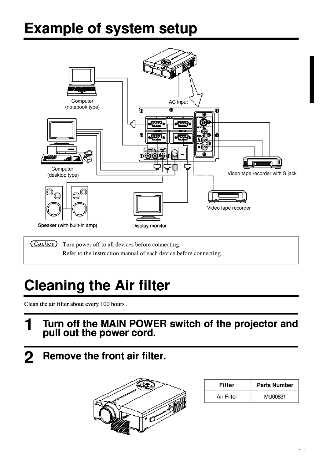 Polaroid PV 360 specifications Example of system setup, Cleaning the Air filter, Remove the front air filter, MU00831 