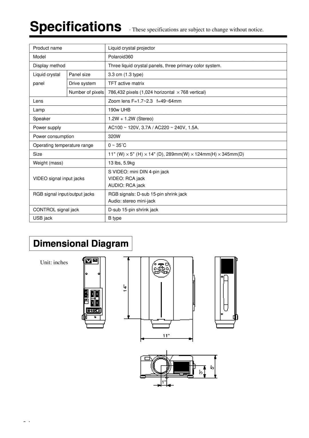 Polaroid PV 360 specifications Dimensional Diagram, Unit inches 