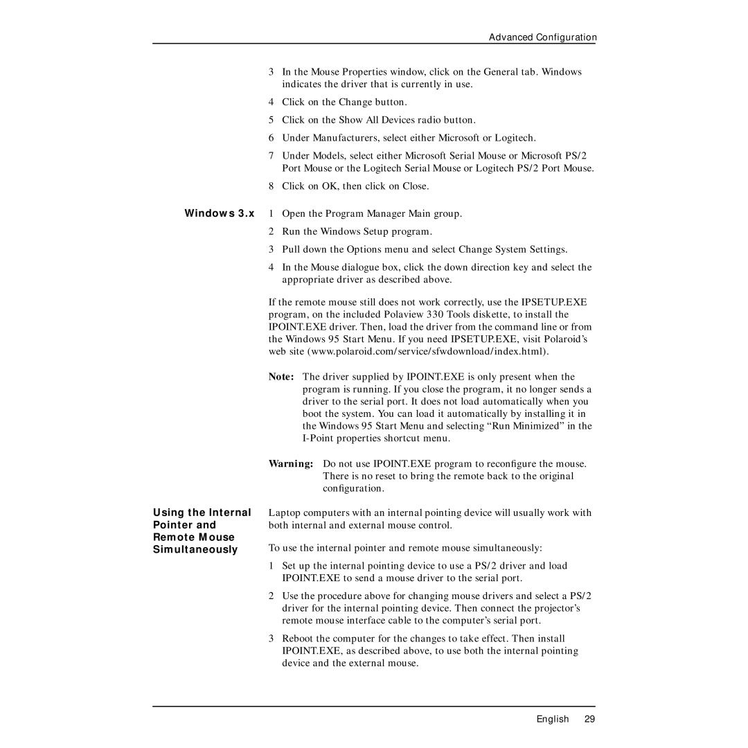 Polaroid PV330 manual Using the Internal Pointer Remote Mouse Simultaneously 