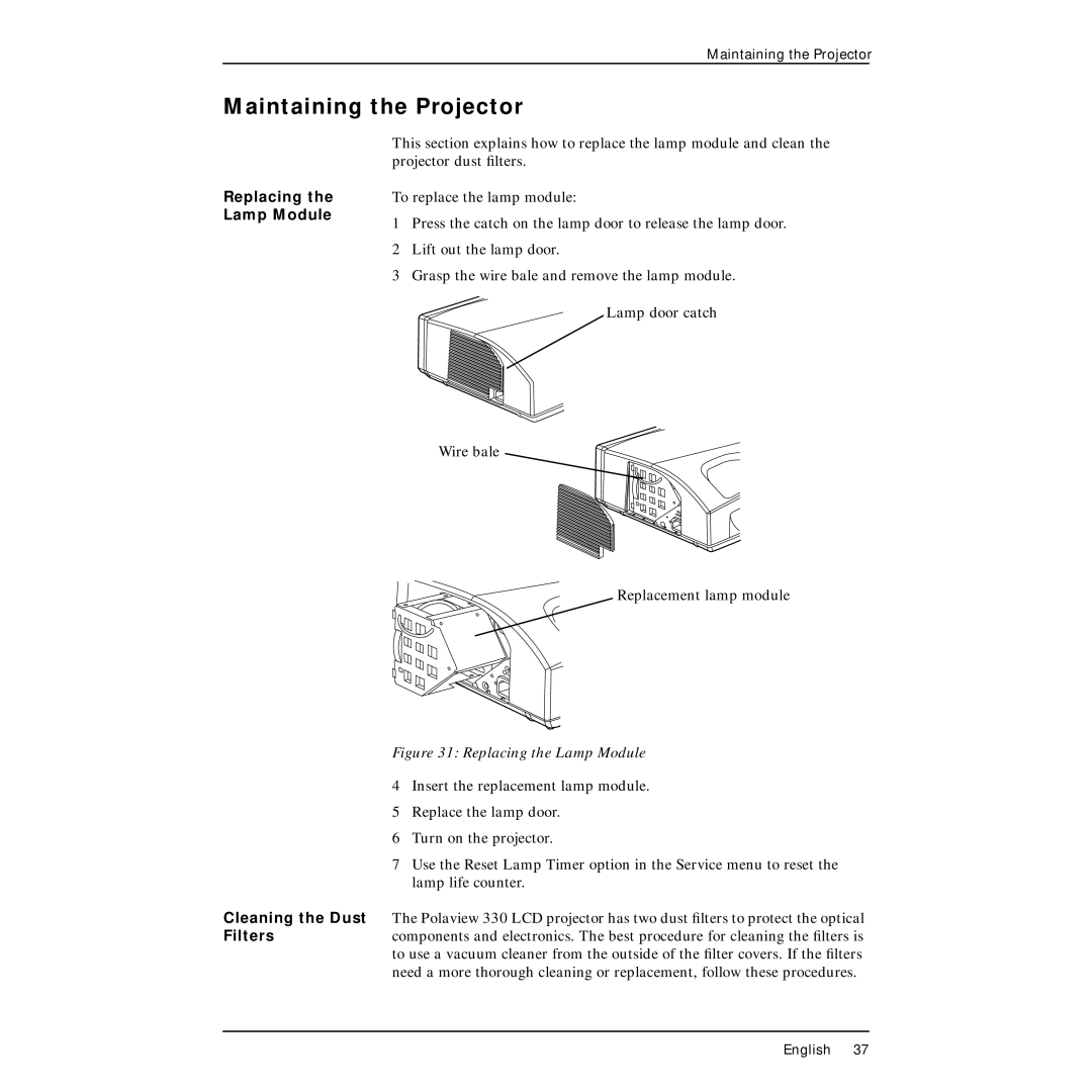 Polaroid PV330 manual Maintaining the Projector, Replacing the Lamp Module 