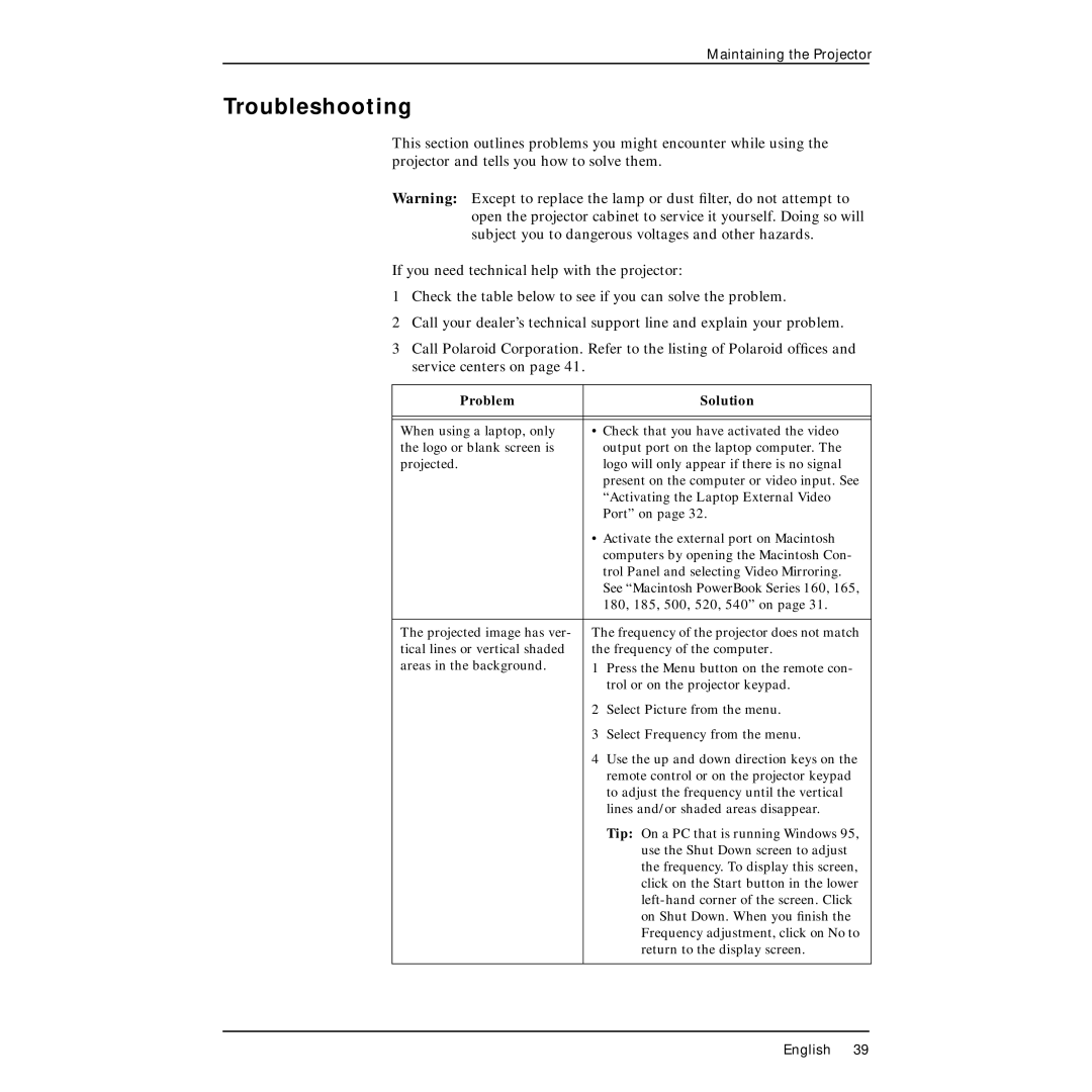 Polaroid PV330 manual Troubleshooting, Problem Solution 